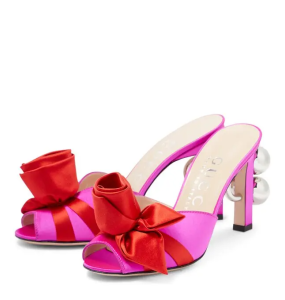 Gucci Shawana Satin Flower Mules in Pure Fucsia/Rosso La	(Size 39)