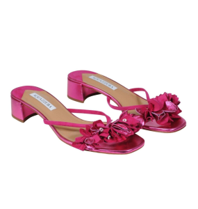 Aquazzura Bougainvillea Metallic Pink Leather Mules	(Size 38.5)