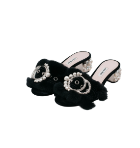 Miu Miu Crystal Embellished Satin & Rabbit Fur Slide Mules (Size 40)	