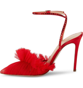 Andrea Wazen Franca Double Glitz tulle Pumps in Red 	(Size 39)